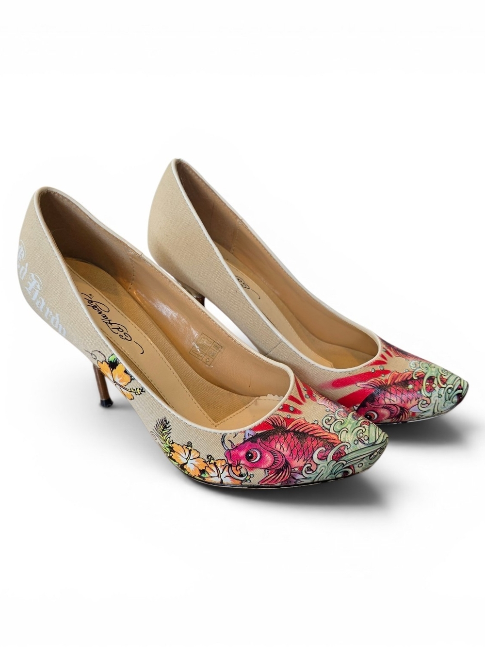Ed Hardy Beige Pumps with Pink Koi & Multicolor Floral Art